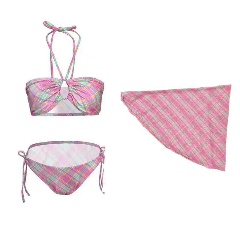 Seductive Style Pink Checkered Bikini Halter Top Sweet Girl Island Vacation Swimwear Three-Piece Set