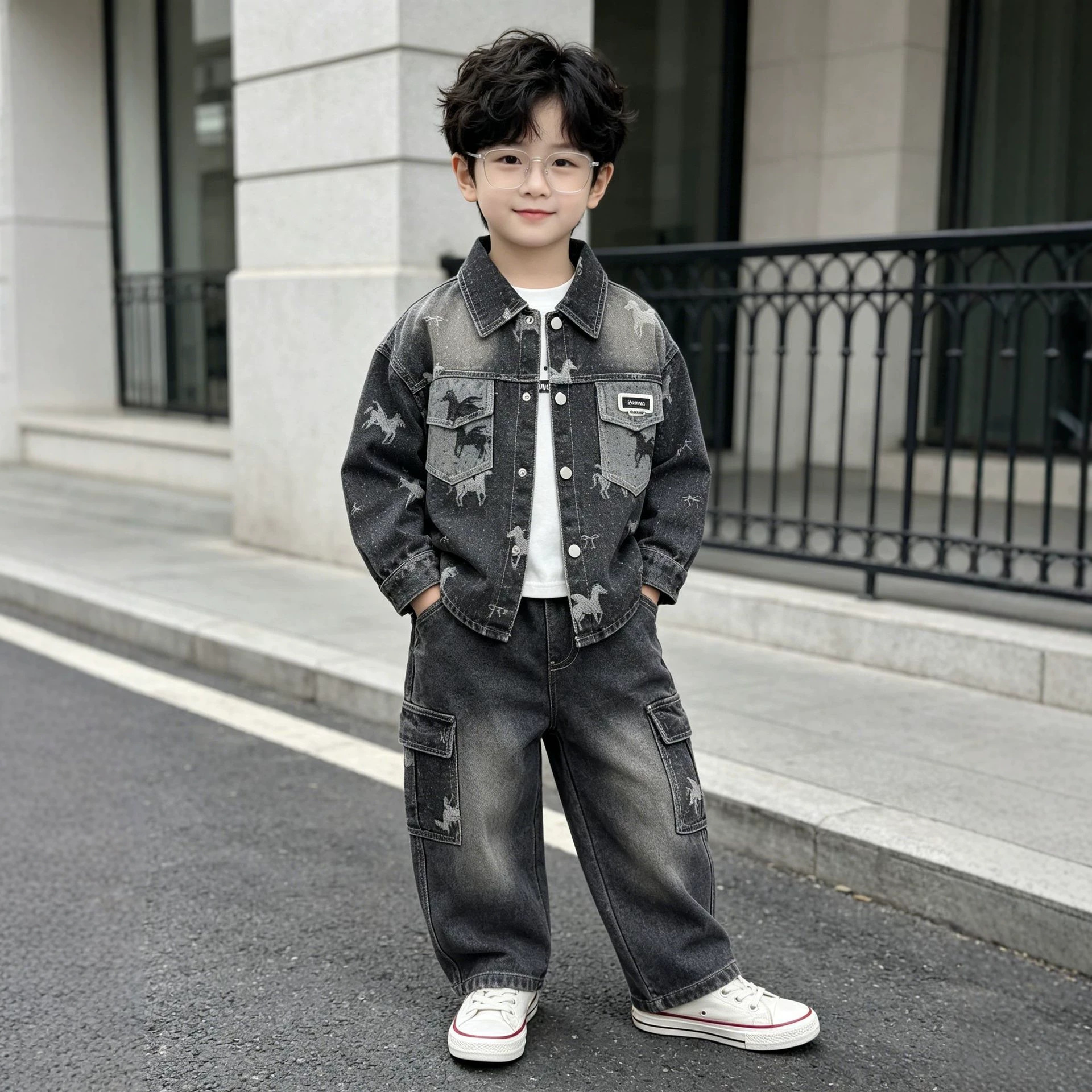 Children's Spring and Autumn Cowboy Long Sleeve Three Piece Set