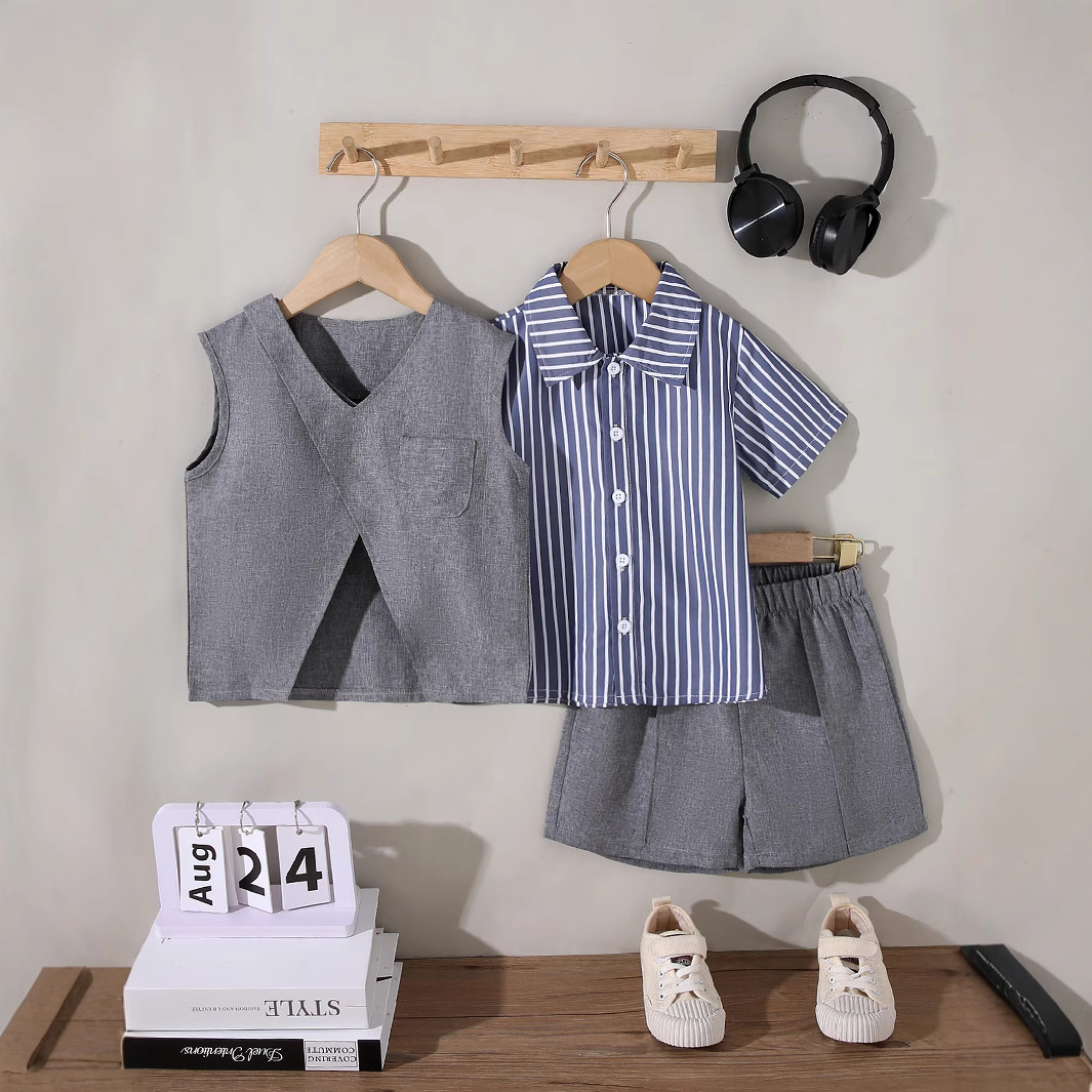 Kids' Striped Short Sleeve Shirt and Vest Set with Shorts, 3-Piece Outfit for Boys – Bild 6
