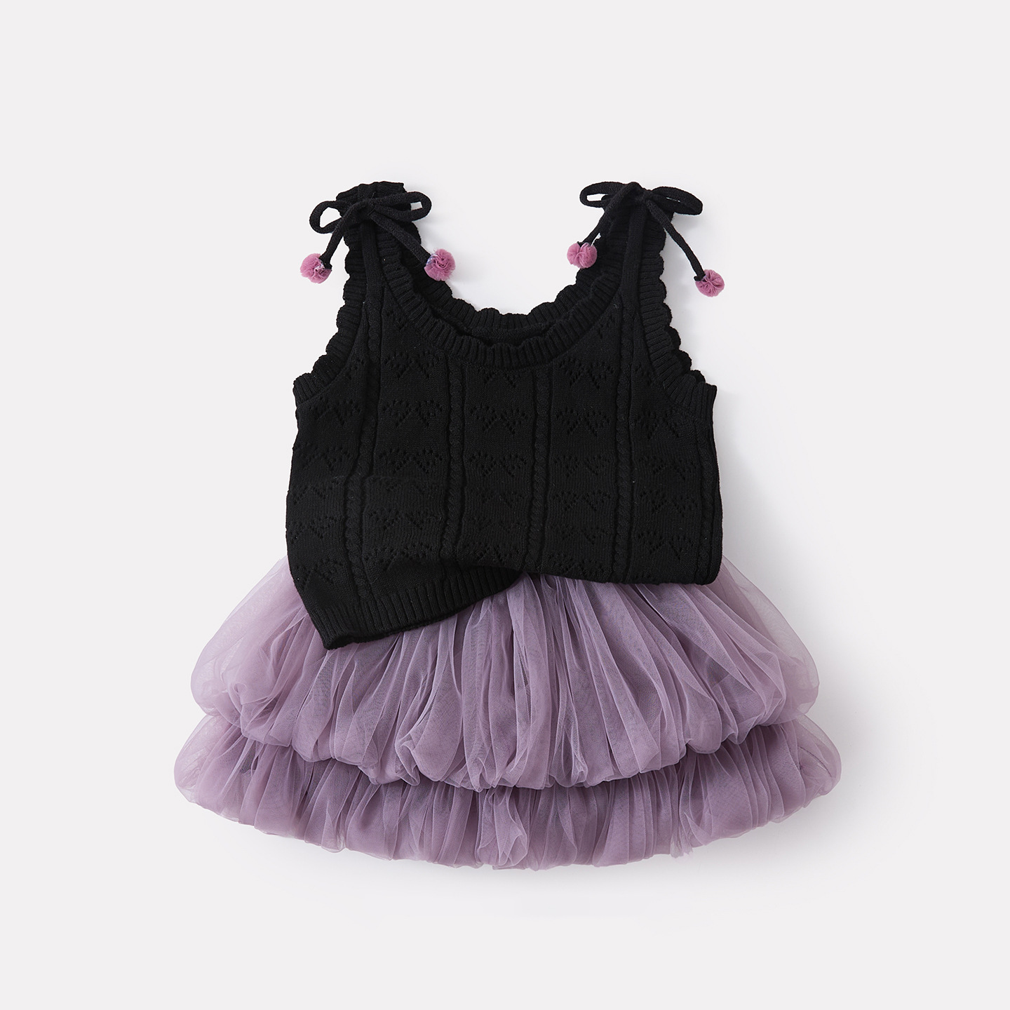 Bow Knit Vest and Mesh Skirt Two-Piece Set for Baby Girls Casual Cool Style