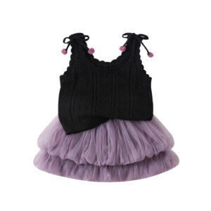 Bow Knit Vest and Mesh Skirt Two-Piece Set for Baby Girls Casual Cool Style