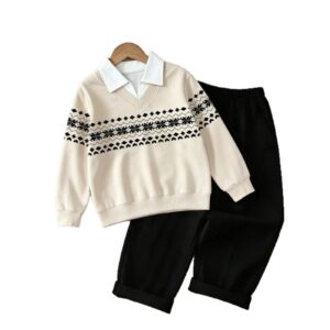 Boy's Two-Piece V-Neck Sweatshirt Long Sleeve Casual Pants