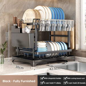 2-Tier Large Capacity Dish Drying Rack, Rustproof Carbon Steel Kitchen Sink Drainer with Cutting Board & Utensil Holder