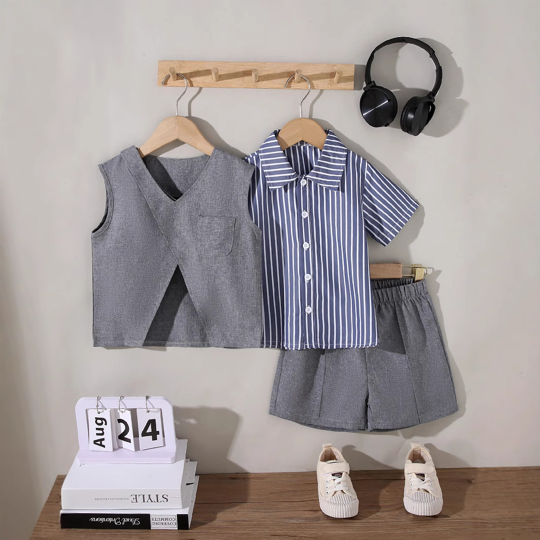 Kids‘ Striped Short Sleeve Shirt and Vest Set with Shorts, 3-Piece Outfit for Boys