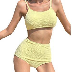 Solid Color High-Waist Tankini with Gathered Top