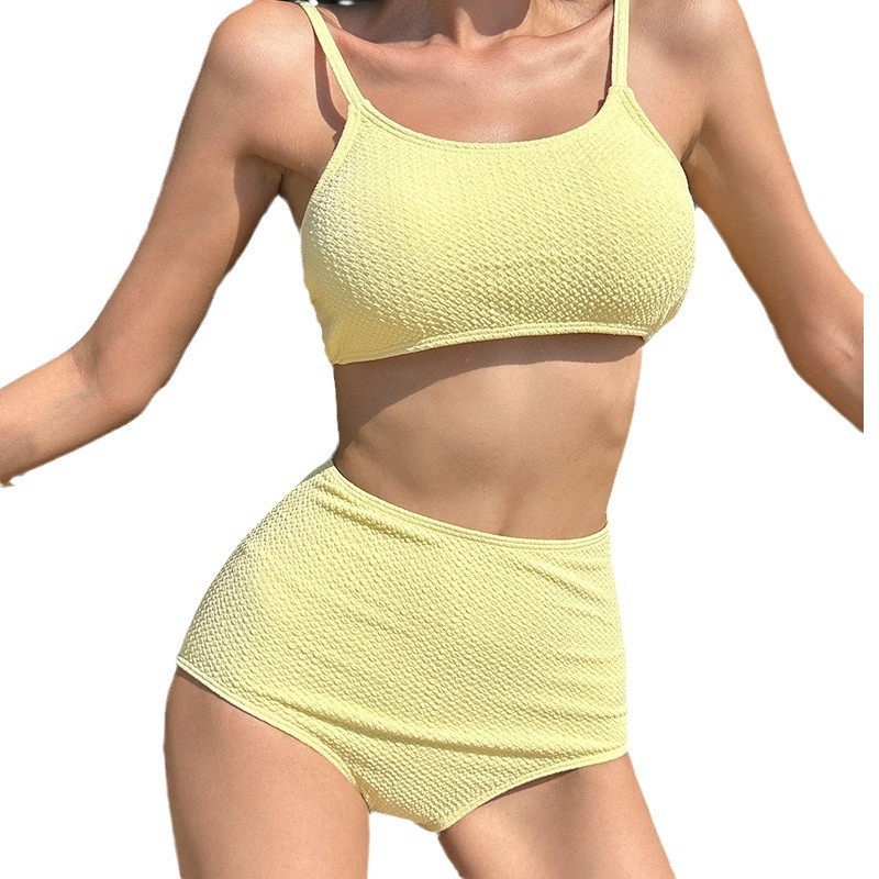 Solid Color High-Waist Tankini with Gathered Top