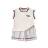 Color-Blocking Collar Cartoon Embroidered Vest with Breathable Shorts Knit Two-Piece Set