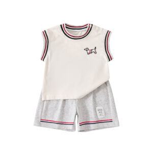 Color-Blocking Collar Cartoon Embroidered Vest with Breathable Shorts Knit Two-Piece Set