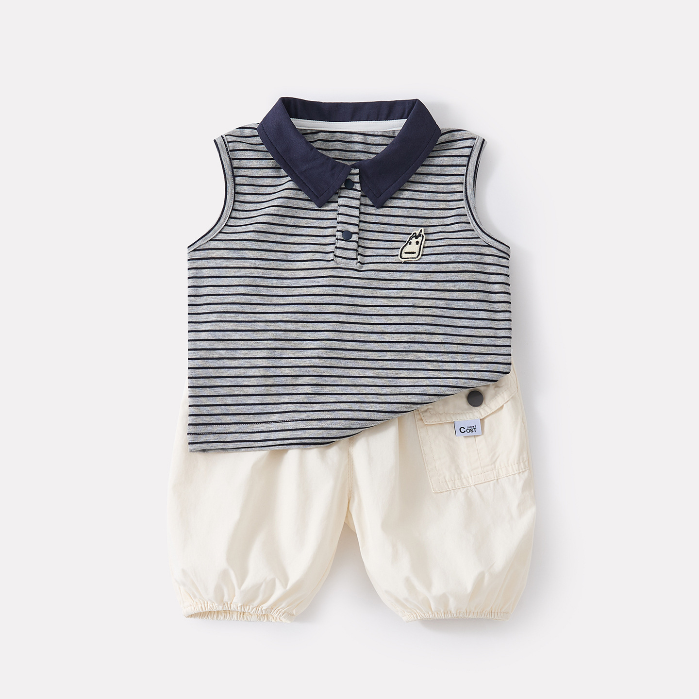 Stylish Striped Vest Polo Shirt Thin Casual Cargo Cotton Pants Two-Piece Set