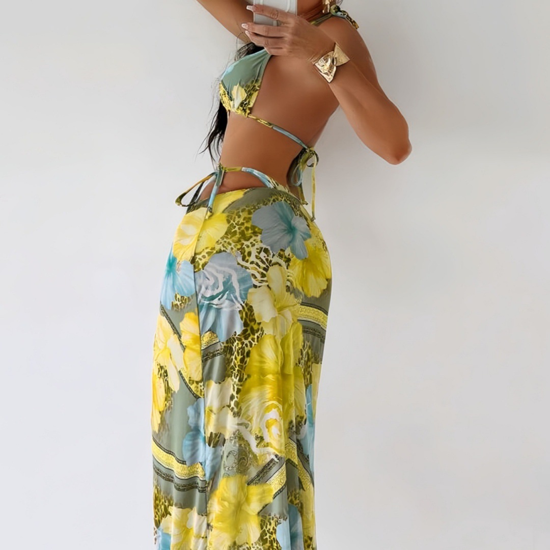 Three-piece Separated Swimsuit with Print, Tie-up Beach Long Dress Swimwear
