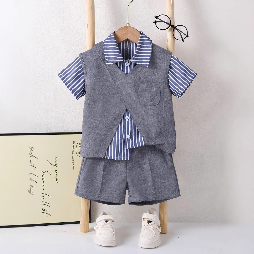 Kids' Striped Short Sleeve Shirt and Vest Set with Shorts, 3-Piece Outfit for Boys – Bild 5