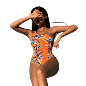 Printed Conservative One-Piece Sexy High-Waisted Tummy-Covering Slimming Women's Single Shoulder Swimwear