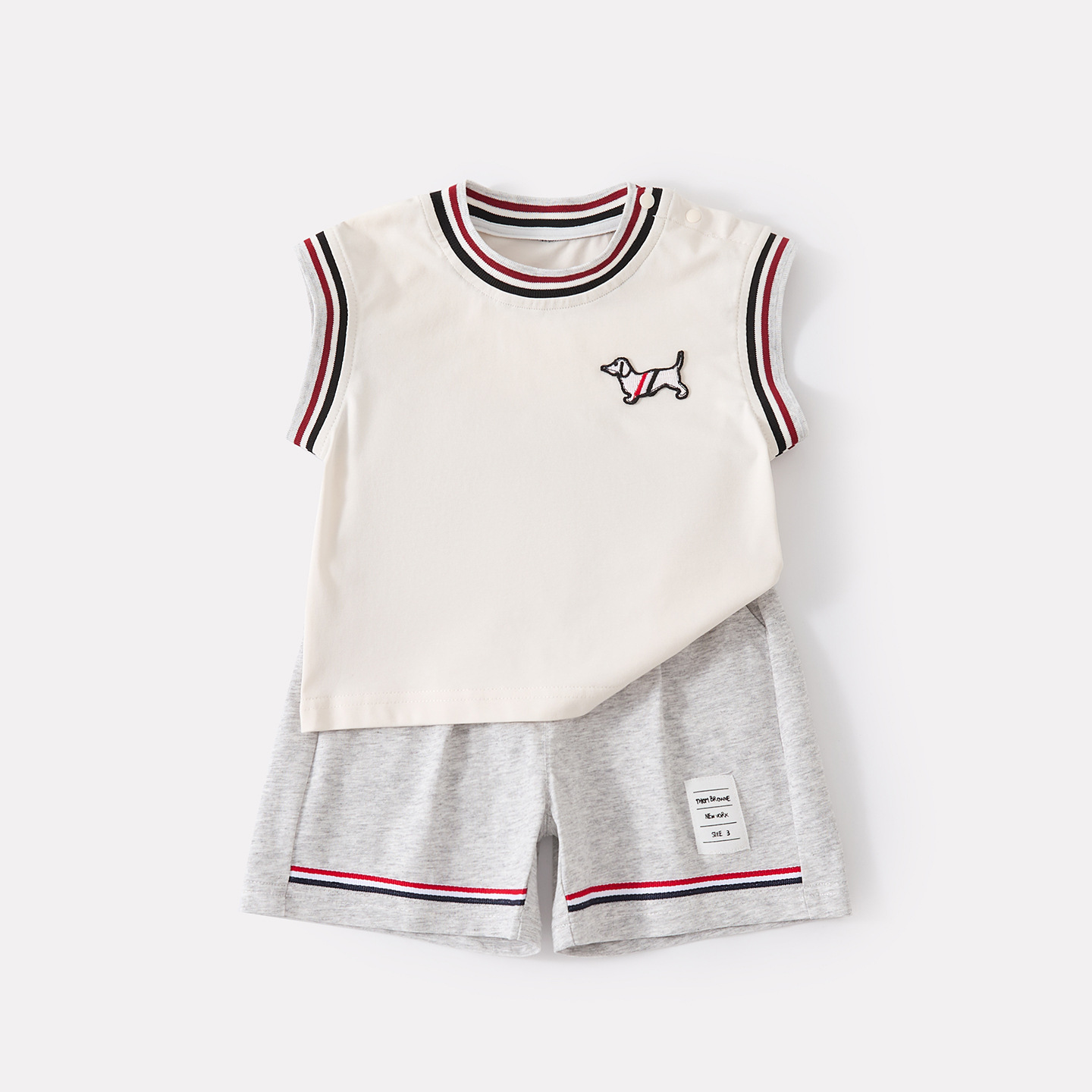 Color-Blocking Collar Cartoon Embroidered Vest with Breathable Shorts Knit Two-Piece Set