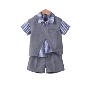 Kids' Striped Short Sleeve Shirt and Vest Set with Shorts, 3-Piece Outfit for Boys