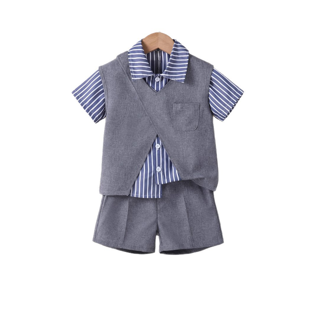 Kids' Striped Short Sleeve Shirt and Vest Set with Shorts, 3-Piece Outfit for Boys