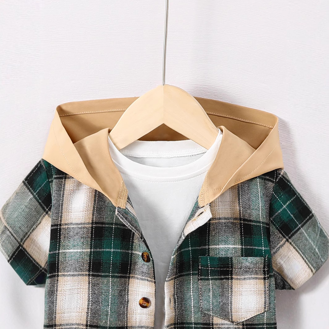 Plaid Short Sleeve Hooded Shirt and Shorts Set for Boys